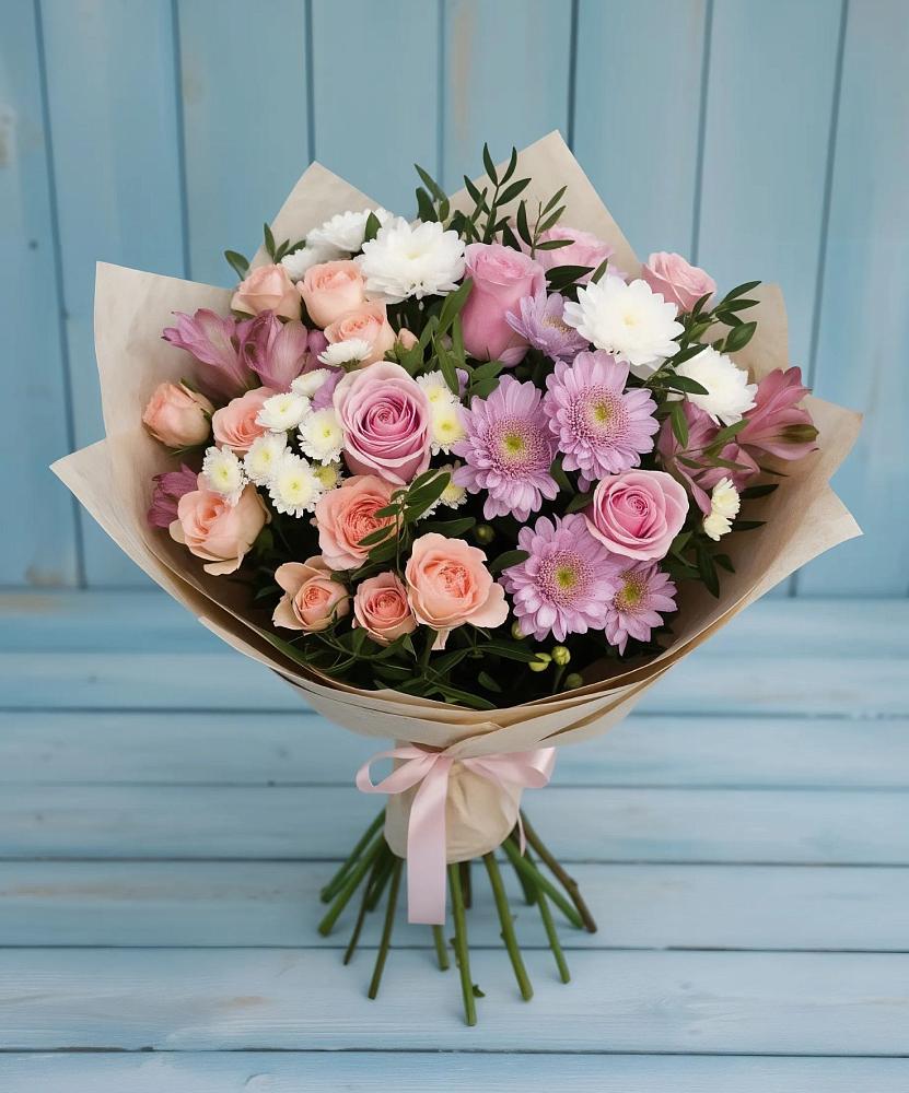 Букет цветов из: Хризантемы, Розы и Альстромерии в Берёзовском Кемеровской области