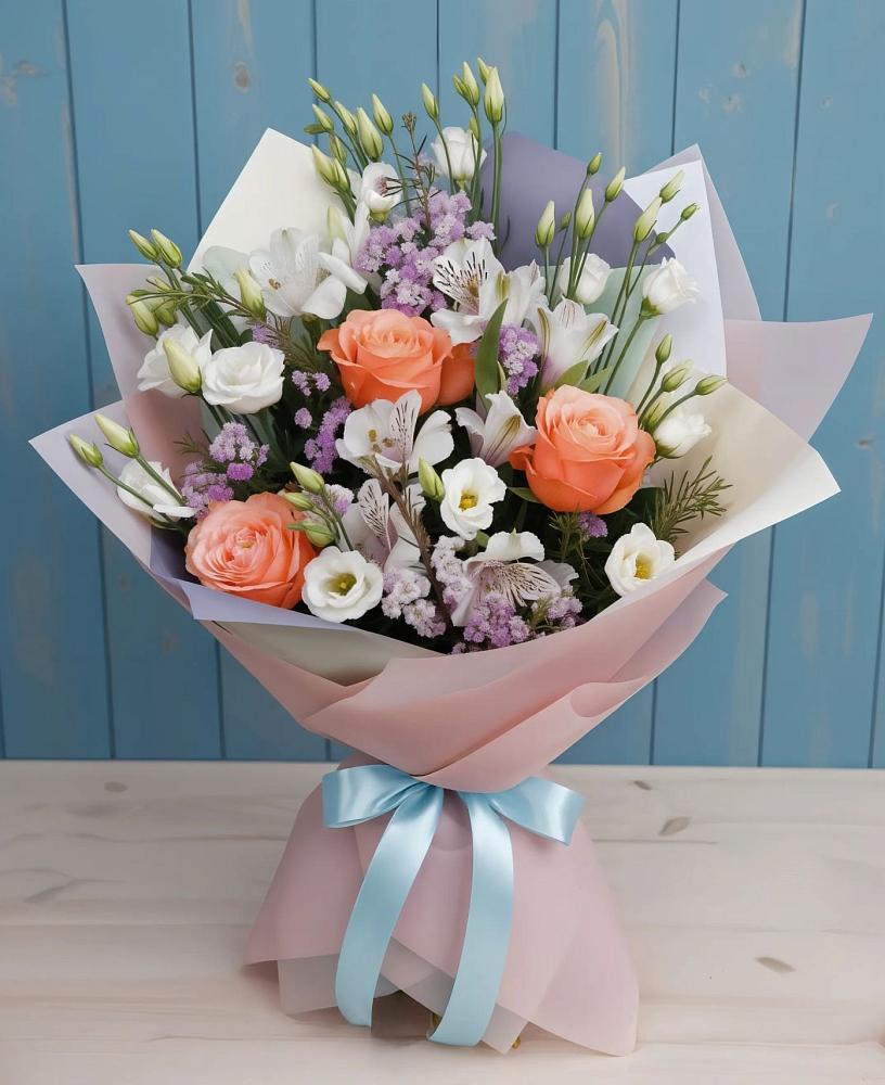 Букет цветов из: Лизиантусы, Розы, Альстромерии и Гипсофила в Берёзовском Кемеровской области