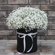 Цветочная композиция из Гипсофила в шляпной коробке в Берёзовском Кемеровской области