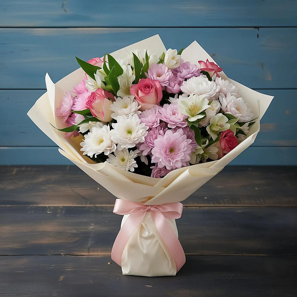 Букет цветов из: Хризантемы, Альстромерии и Розы в Берёзовском Кемеровской области